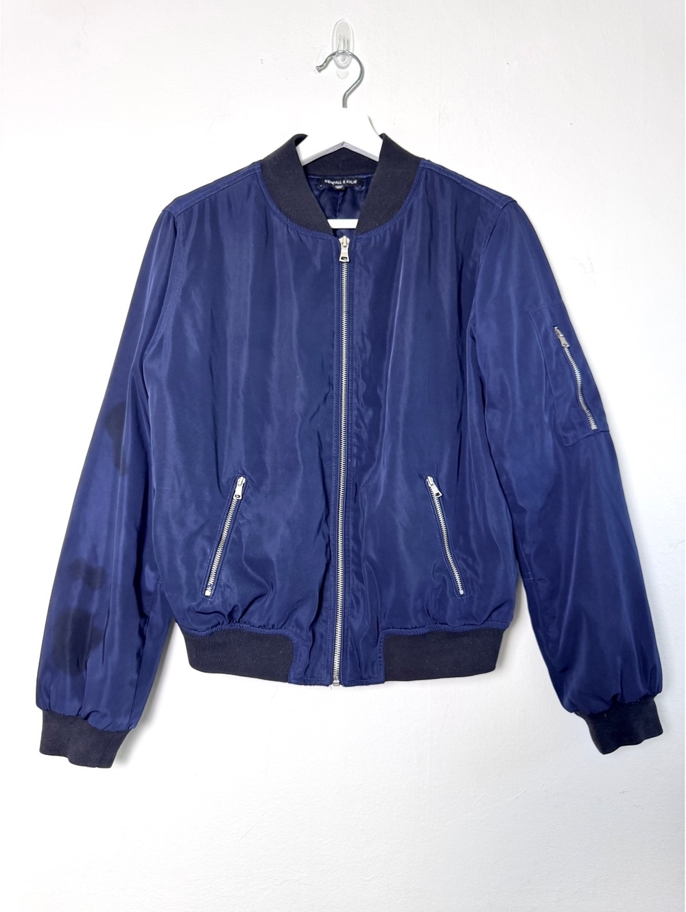 Women's navy satin bomber jacket Kendall & Kylie silver hardware size M